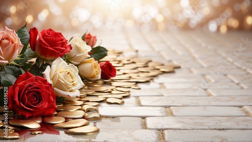 Backdrop: Classic roses on gold leaf paving stones are a timeless concept of beauty and romance, perfect for event decor and floral arrangements