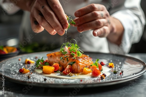 A chef meticulously garnishing a gourmet salmon dish with herbs, highlighting culinary art and fine dining elegance.