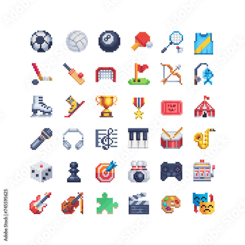 Game assets pixel art style icons set, sport, music, emoji. 8-bit sprite. Design for logo game, sticker, web, mobile app, badges and patches. Isolated vector illustration. 