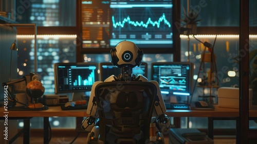 Robot Analyze data and charts Crypto on screens.