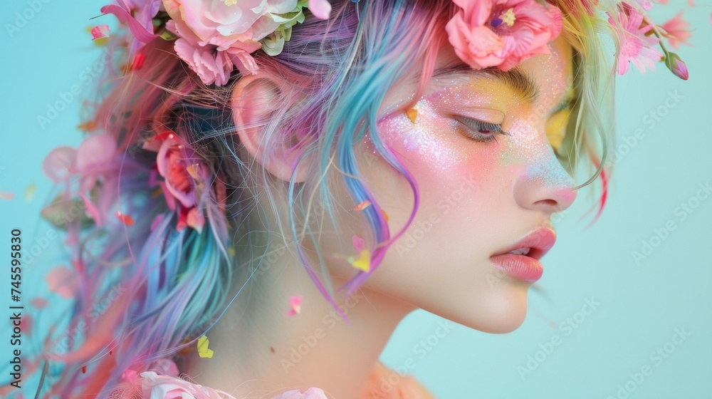 A woman with colorful hair and flowers in her hair