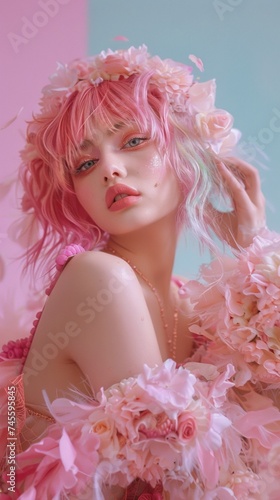 A woman with pink hair wearing a pink dress © Maria Starus