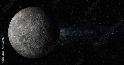 Planet Mercury rotating with topographic shadows, star background and room for text - made for looping.