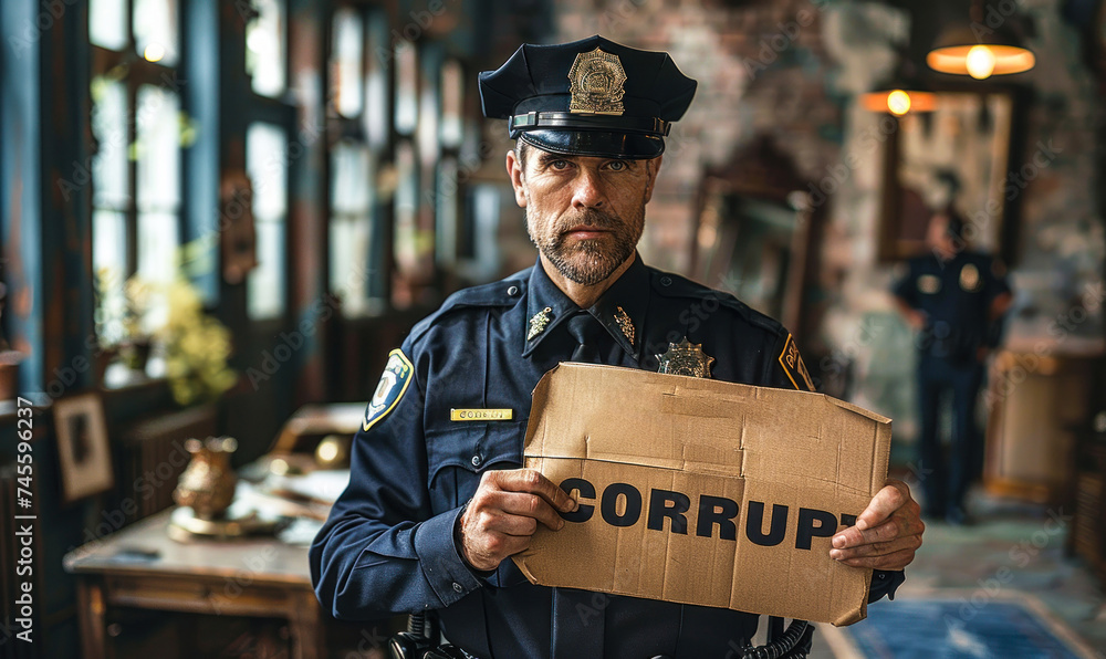 Stern faced police officer in uniform, symbolically holding a sign