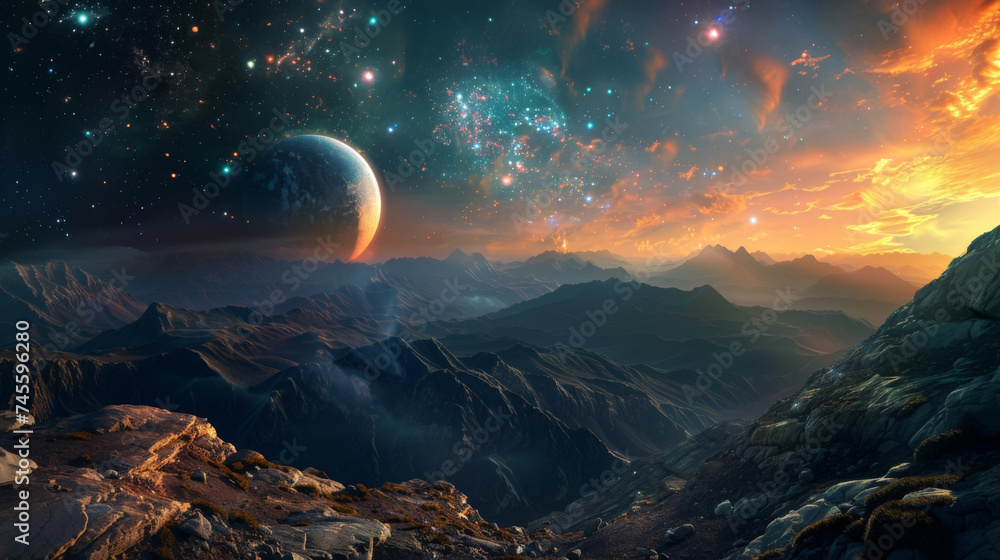 A breathtaking fantasy landscape depicting rugged mountains under a starlit sky, with a large, mysterious planet rising in the distance.