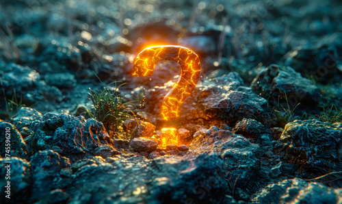 Glowing golden question mark illuminating rocky terrain  symbolizing the quest for answers  mystery  and the unexplored paths of knowledge and discovery