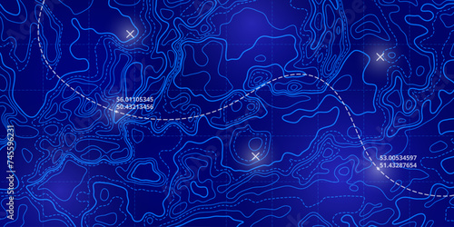Ocean topographic line map with curvy wave isolines vector illustration. Sea depth topographic landscape surface for nautical radar readings. Cartography texture abstract banner of relief ocean floor.
