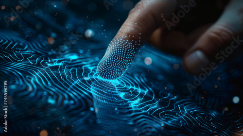 A close-up of a finger touching a digital surface, with a glowing fingerprint pattern symbolizing biometric security. photo