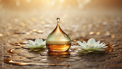 Zen Lotus in Golden Water Drop - Tranquil Spa Concept, Realistic Style; Ideal for Wellness Centers and Meditation Space Imagery