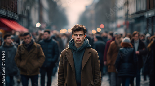 A bustling scene of a crowd filling the street with a mass of pedestrians,Introverted man looking at the camera feeling awkward in a crowd generative ai 