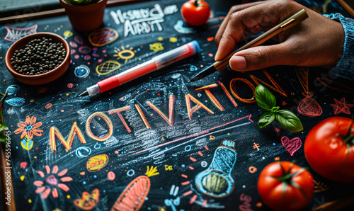 Hand writing the word MOTIVATION on a chalkboard, surrounded by inspirational doodles, symbolizing empowerment and positive thinking