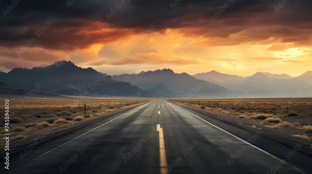 Open Road Towards Mountains at Sunset