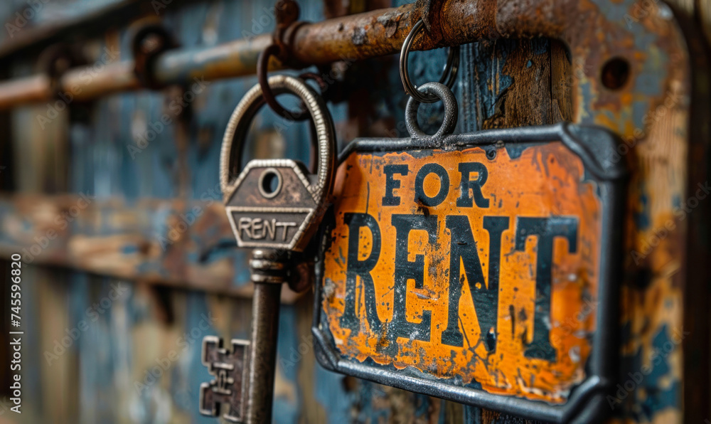 Vintage key with a FOR RENT sign hanging on a ring against a rustic ...