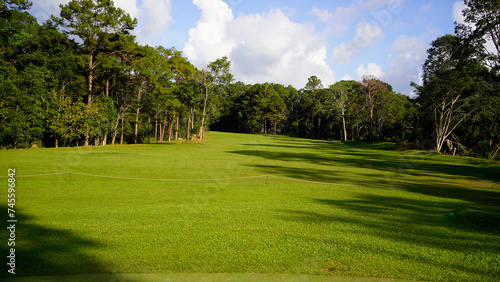 View of golf course with beautiful putting green. Golf course with a rich green turf beautiful scenery