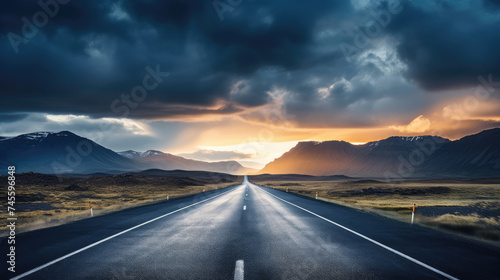 Open Road at Sunset with Stormy Mountain Backdrop © evening_tao