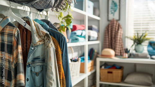 An assortment of clothes hangs tidily in a home wardrobe, showcasing a blend of colors, patterns, and styles in a personal collection. photo