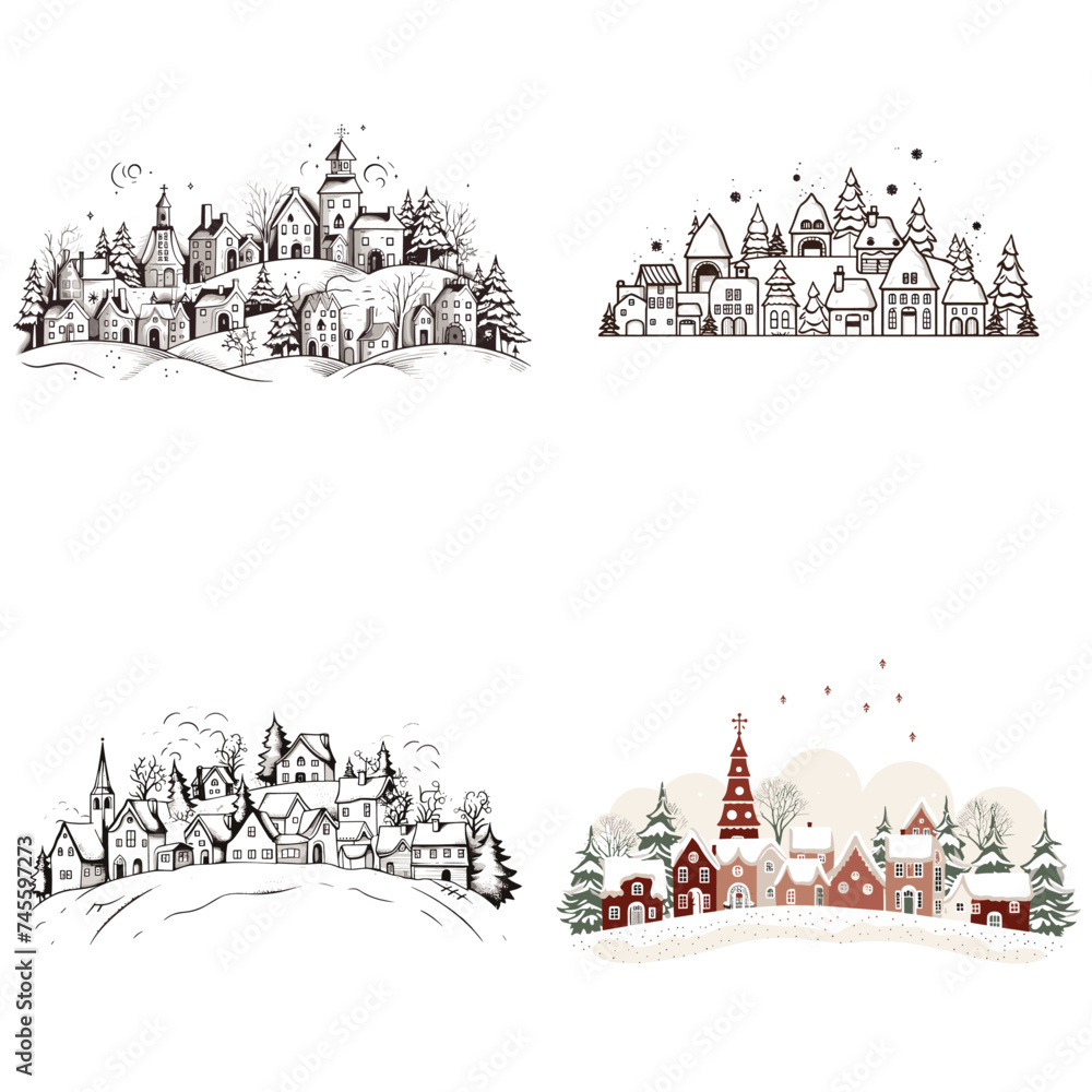 Christmas Village (Miniature Winter Village). simple minimalist isolated in white background vector illustration