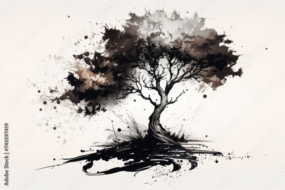 Abstract Tree with Ink Splatter Design