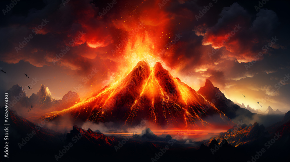 Volcano with lava and lava pouring from it in a desert landscape generative ai

