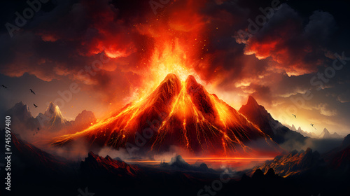 Volcano with lava and lava pouring from it in a desert landscape generative ai 
