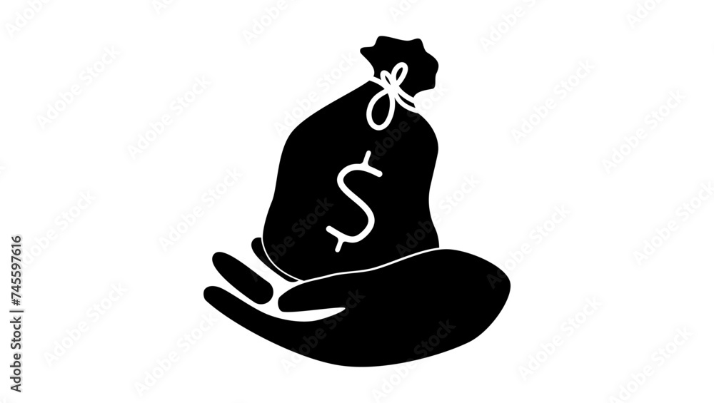 hand holding Money Bag, black isolated silhouette hand holding Money Bag, black isolated silhouette