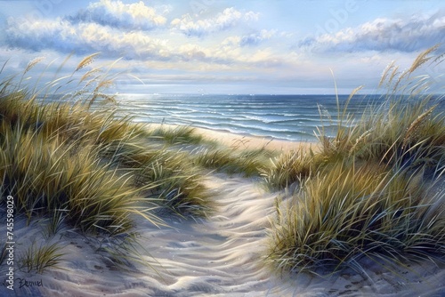 watercolor of Coastal dunes scene with grasses swaying in the breeze leading to a serene beach and the vast ocean beyond epitomizing coastal tranquility