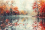 watercolor of A serene pond surrounded by autumnal trees with reflections of red orange and yellow leaves on the water a peaceful and colorful fall scene