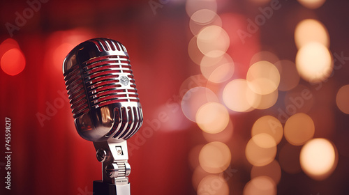 retro microphone on stage,Studio microphone with pop filter, backlit by studio lights, capturing podcast recording session,A Shining Star in the Spotlight 