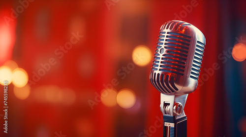 vintage microphone on red background,Microphone's details shine in a captivating closeup shot, ready for performance. 