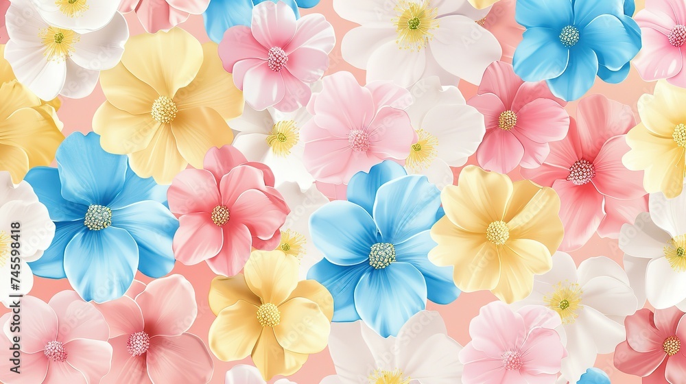 Spring flowers in pastel pink blue yellow and white seamless repeating pattern Spring flowers in pastel pink blue yellow and white seamless repeating pattern