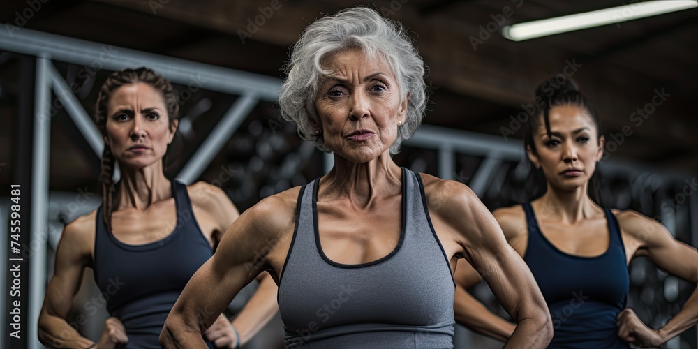 A senior woman demonstrates dedication to fitness as she engages in exercises at the gym