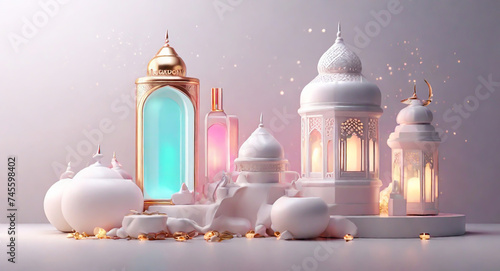 Islamic decoration with arabic lantern candle lamp soft light effects HD background