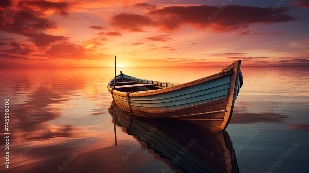 A boat on the ocean at sunset,
AI Generated AI Generative Wood boat ship on peace calm relaxung lake sea river water Nature outdoor fishing landscape Graphic Art Illustration
