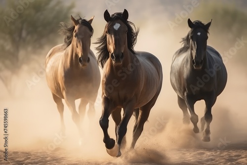 Majestic Horses Galloping in Dusty Wilderness © evening_tao