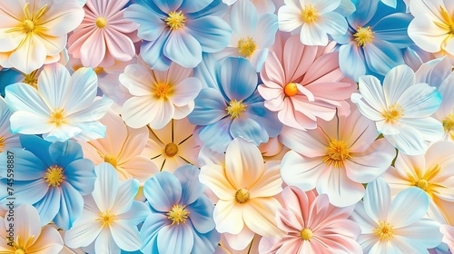 Spring flowers in pastel pink blue yellow and white seamless repeating pattern