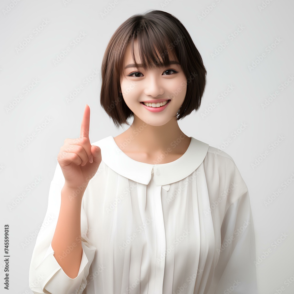 10代の人差し指でおすすめする微笑む美しい女性 10代の人差し指でおすすめする微笑む美しい女性