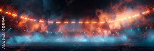 Thousands of spectators on the round stadium at night with spot neon light watching football match Neon white splashes in the sky and dramatic clouds are over the stadium background 