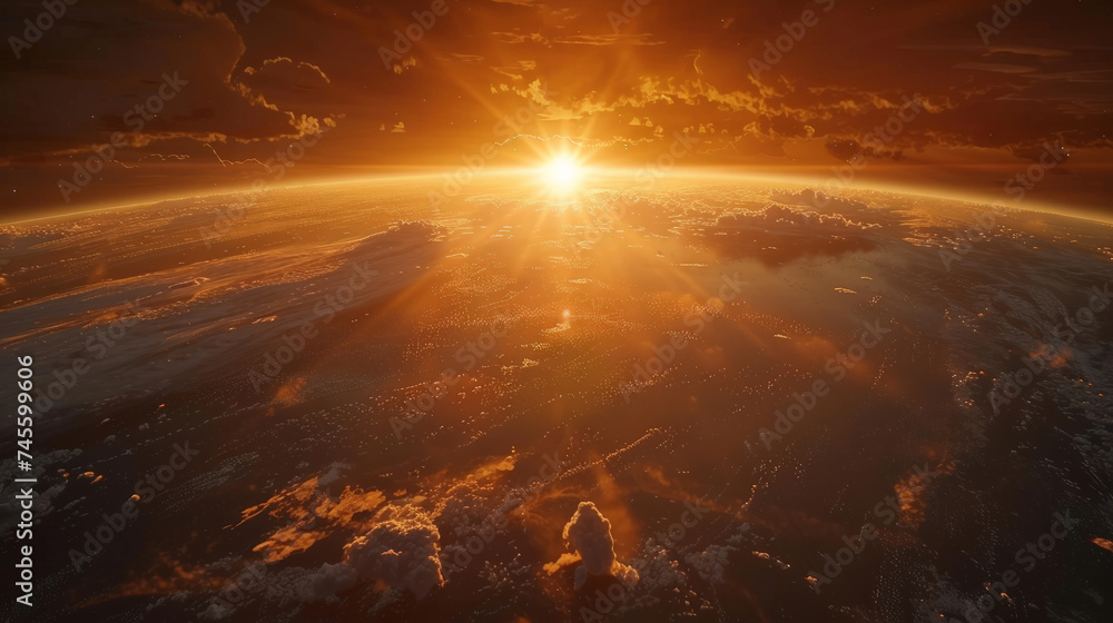 A breathtaking view of a sunrise from space, showcasing the sun casting its golden glow over the Earth's curved horizon