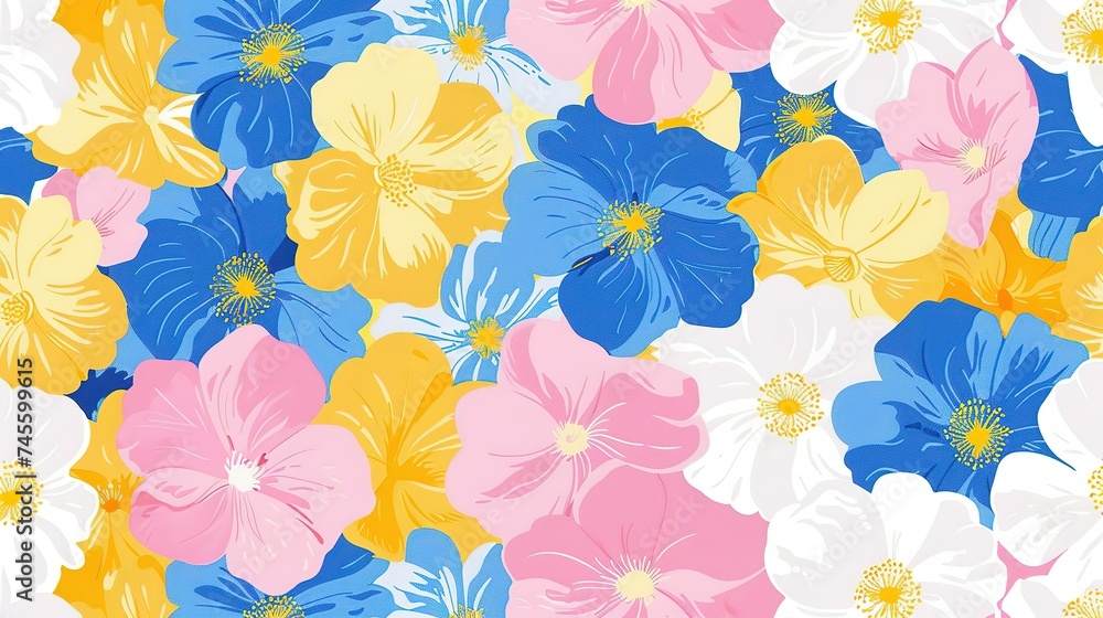 Spring flowers in pastel pink blue yellow and white seamless repeating pattern Spring flowers in pastel pink blue yellow and white seamless repeating pattern