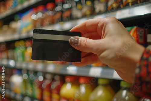 A close up of a hand holding a credit card in a vibrant supermarket aisle capturing the tactile sensation of grocery shopping photo