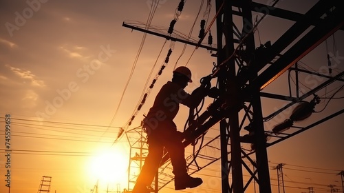 Electrician Climbing Pole During Sunset Silhouette