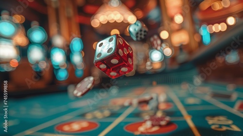 A close-up of a craps table with dice in mid-air, frozen in motion photo
