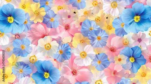 Spring flowers in pastel pink blue yellow and white seamless repeating pattern © Jennifer