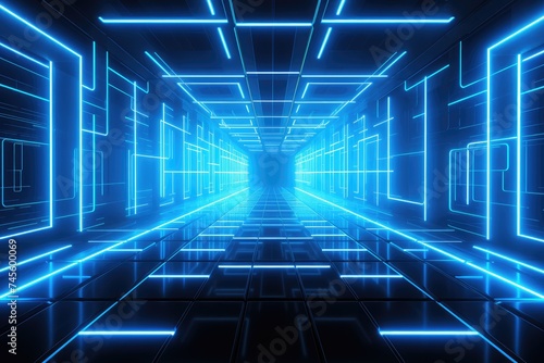 Obraz na płótnie Futuristic Cyber Tunnel with Blue Neon Lights w salonie