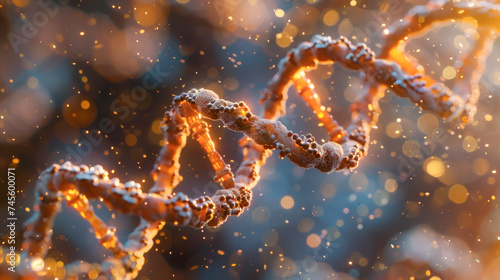 A close-up, realistic portrayal of the DNA double helix, with its intricate ladder-like structure and pairs of nucleotides twisted into the iconic shape