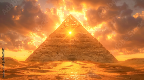 A close-up, realistic portrait of the Great Pyramid of Giza, standing majestically under the golden light of the setting sun