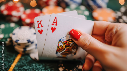 A detailed close-up of a player's hand revealing a winning poker hand photo