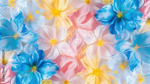 Spring flowers in pastel pink blue yellow and white seamless repeating pattern