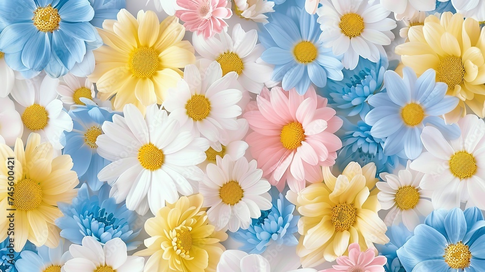 Spring flowers in pastel pink blue yellow and white seamless repeating pattern Spring flowers in pastel pink blue yellow and white seamless repeating pattern