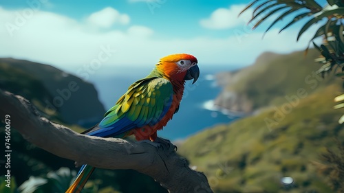 Colorful parrots perched on the branches of trees in front of lakes and mountains. © wpw